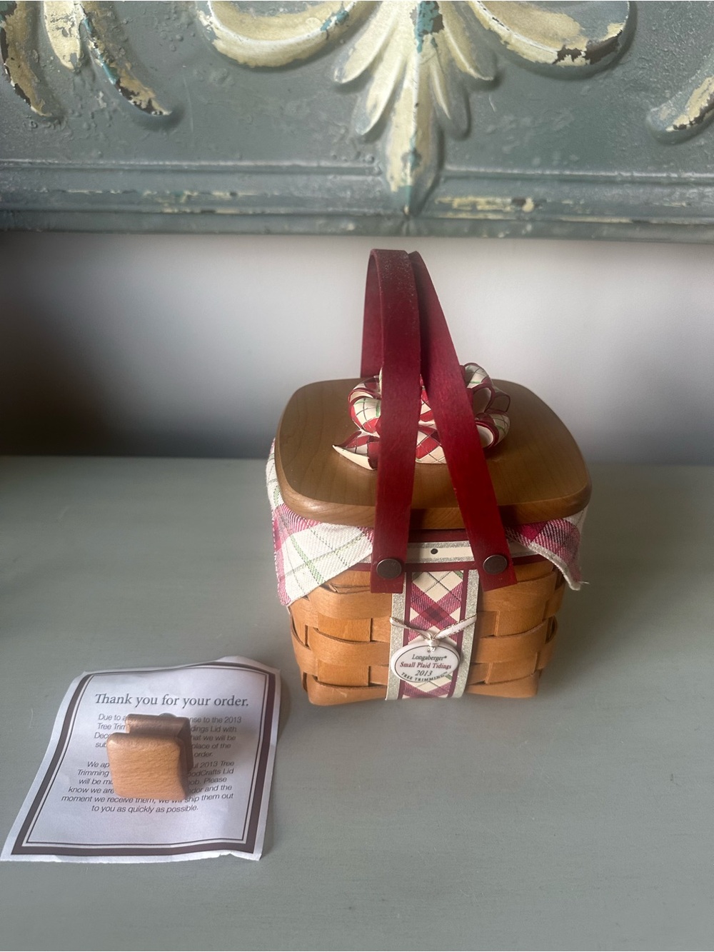 Longaberger my small plaid tidings tree trimming basket bow lid